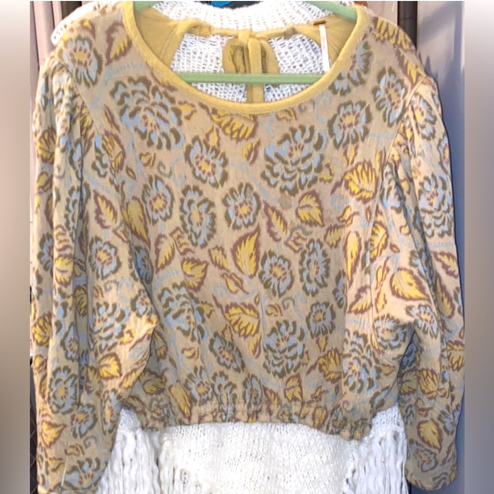 Free People Boho Floral Cropped Top Yellow Blue Blouson Elastic Hem Women’s L